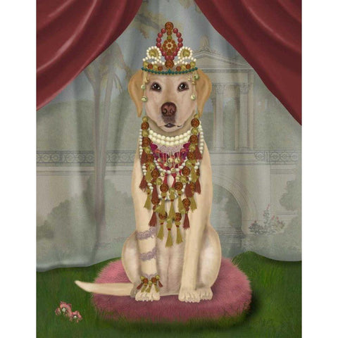 Yellow Labrador and Tiara, Full White Modern Wood Framed Art Print by Fab Funky
