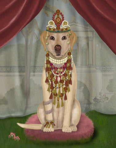 Yellow Labrador and Tiara, Full Black Ornate Wood Framed Art Print with Double Matting by Fab Funky