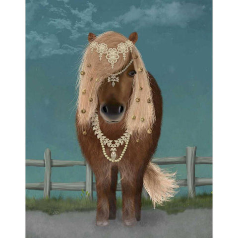 Horse Brown Pony with Bells, Full White Modern Wood Framed Art Print by Fab Funky