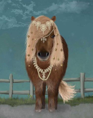 Horse Brown Pony with Bells, Full White Modern Wood Framed Art Print with Double Matting by Fab Funky