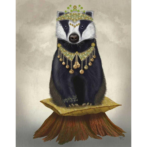 Badger with Tiara, Full White Modern Wood Framed Art Print by Fab Funky