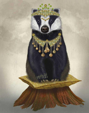 Badger with Tiara, Full Black Ornate Wood Framed Art Print with Double Matting by Fab Funky