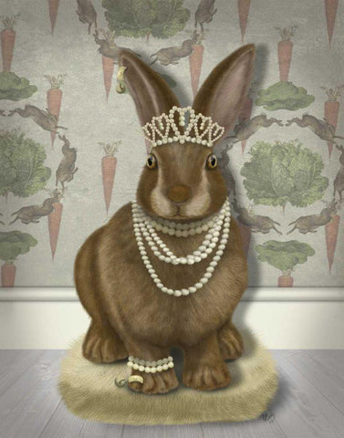 Rabbit and Pearls, Full Black Ornate Wood Framed Art Print with Double Matting by Fab Funky