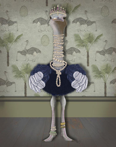 Ostrich and Pearls, Full White Modern Wood Framed Art Print with Double Matting by Fab Funky