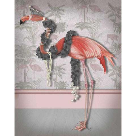 Flamingo and Pearls, Full Gold Ornate Wood Framed Art Print with Double Matting by Fab Funky