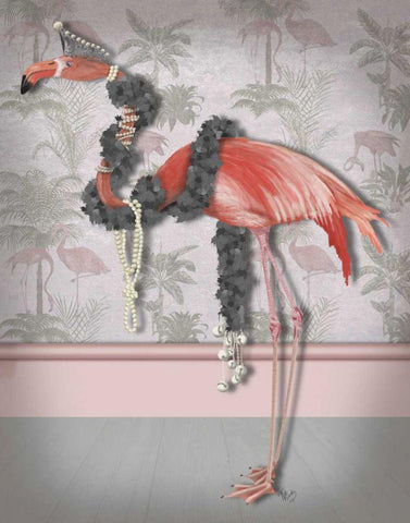 Flamingo and Pearls, Full White Modern Wood Framed Art Print with Double Matting by Fab Funky
