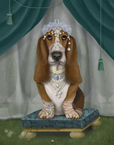 Basset Hound and Tiara Black Ornate Wood Framed Art Print with Double Matting by Fab Funky