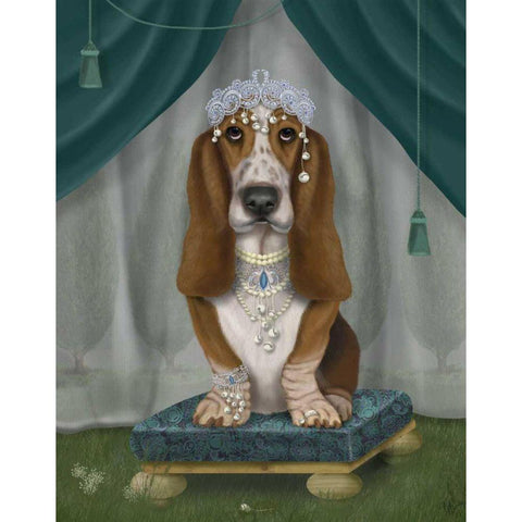 Basset Hound and Tiara White Modern Wood Framed Art Print by Fab Funky