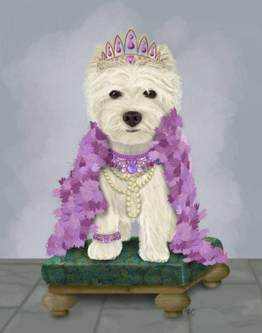 West Highland Terrier with Tiara White Modern Wood Framed Art Print with Double Matting by Fab Funky