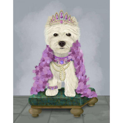 West Highland Terrier with Tiara White Modern Wood Framed Art Print by Fab Funky