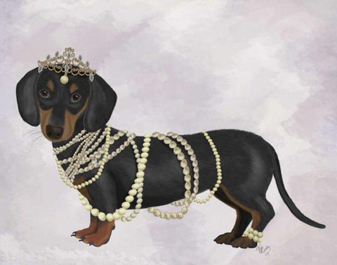 Dachshund and Pearls White Modern Wood Framed Art Print with Double Matting by Fab Funky