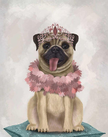 Pug Princess On Cushion Black Ornate Wood Framed Art Print with Double Matting by Fab Funky