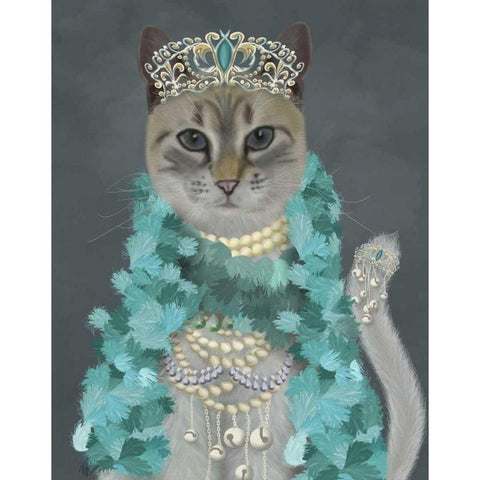 Grey Cat With Bells, Portrait White Modern Wood Framed Art Print by Fab Funky