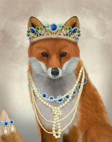 Fox with Tiara, Portrait Black Ornate Wood Framed Art Print with Double Matting by Fab Funky