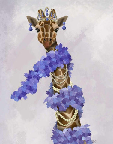 Giraffe with Purple Boa White Modern Wood Framed Art Print with Double Matting by Fab Funky