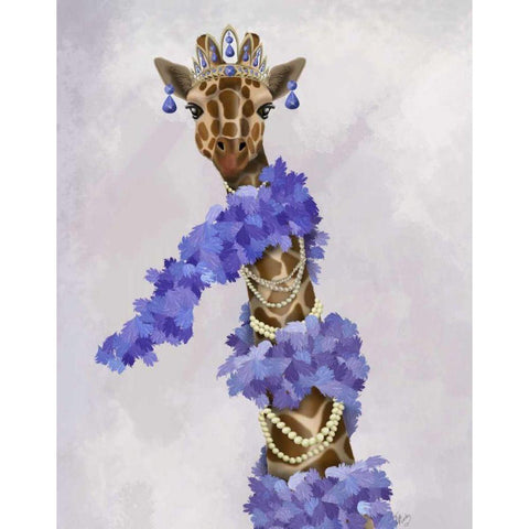 Giraffe with Purple Boa White Modern Wood Framed Art Print by Fab Funky