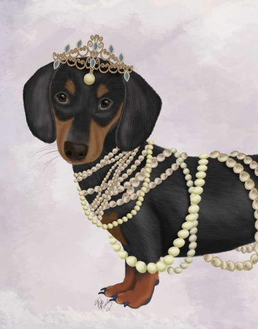 Dachshund and Tiara White Modern Wood Framed Art Print with Double Matting by Fab Funky