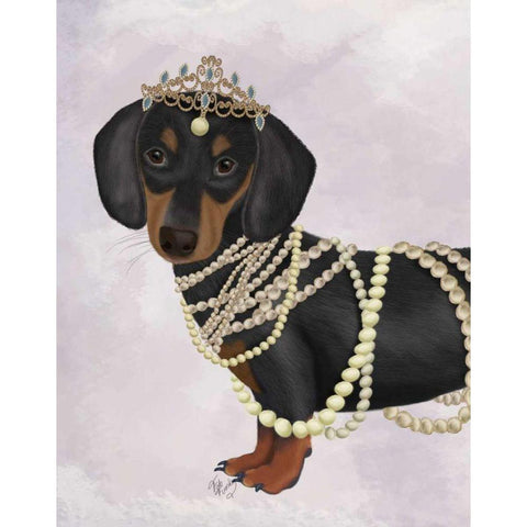 Dachshund and Tiara Black Modern Wood Framed Art Print with Double Matting by Fab Funky