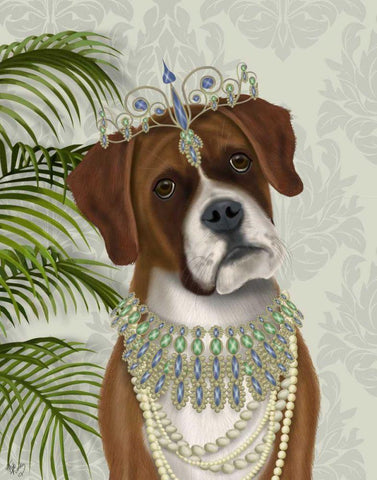 Boxer and Tiara, Portrait Black Ornate Wood Framed Art Print with Double Matting by Fab Funky