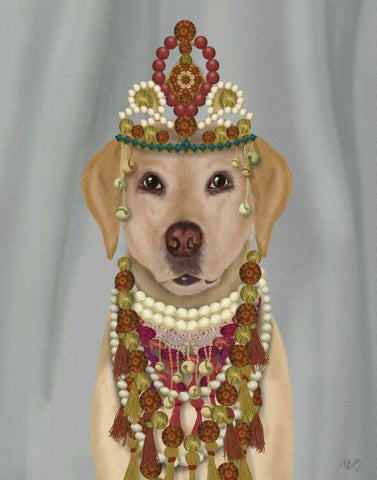 Yellow Labrador and Tiara, Portrait Black Ornate Wood Framed Art Print with Double Matting by Fab Funky