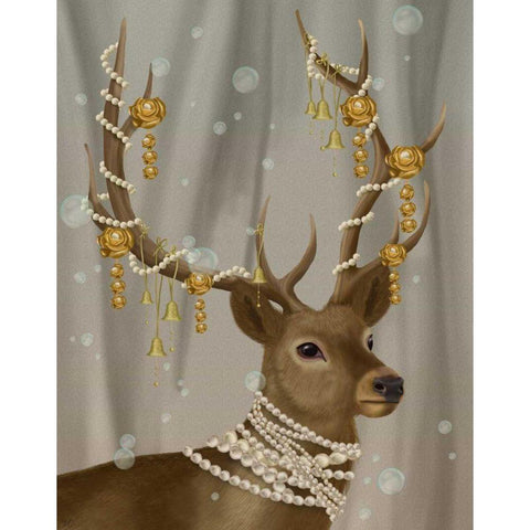 Deer with Gold Bells White Modern Wood Framed Art Print by Fab Funky