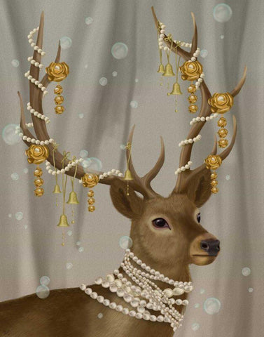 Deer with Gold Bells Black Ornate Wood Framed Art Print with Double Matting by Fab Funky