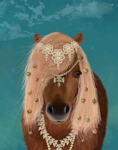 Horse Brown Pony with Bells, Portrait White Modern Wood Framed Art Print with Double Matting by Fab Funky