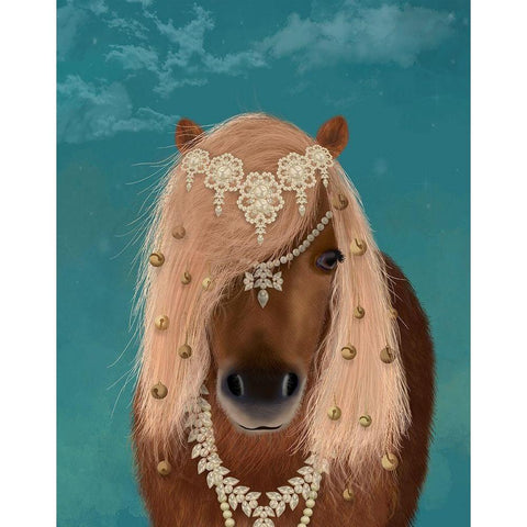 Horse Brown Pony with Bells, Portrait White Modern Wood Framed Art Print by Fab Funky