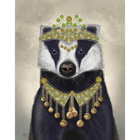 Badger with Tiara, Portrait Gold Ornate Wood Framed Art Print with Double Matting by Fab Funky