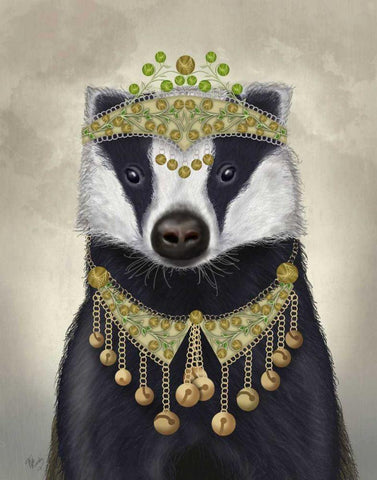 Badger with Tiara, Portrait Black Ornate Wood Framed Art Print with Double Matting by Fab Funky