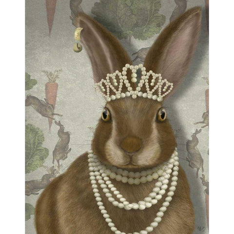 Rabbit and Pearls, Portrait White Modern Wood Framed Art Print by Fab Funky