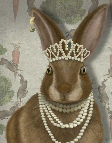 Rabbit and Pearls, Portrait Black Ornate Wood Framed Art Print with Double Matting by Fab Funky