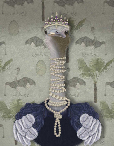 Ostrich and Pearls, Portrait Black Ornate Wood Framed Art Print with Double Matting by Fab Funky