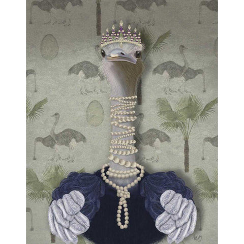 Ostrich and Pearls, Portrait Gold Ornate Wood Framed Art Print with Double Matting by Fab Funky