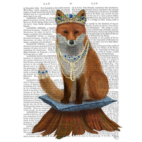 Fox with Tiara, Full Black Modern Wood Framed Art Print with Double Matting by Fab Funky