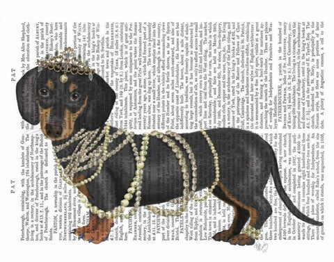 Dachshund and Pearls Black Ornate Wood Framed Art Print with Double Matting by Fab Funky