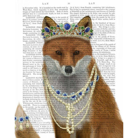 Fox with Tiara, Portrait Gold Ornate Wood Framed Art Print with Double Matting by Fab Funky