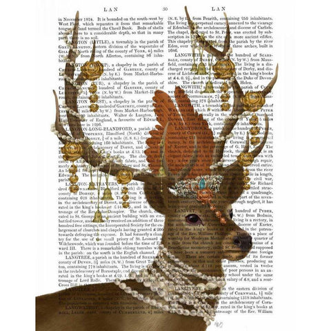 Deer with Gold Bells White Modern Wood Framed Art Print by Fab Funky