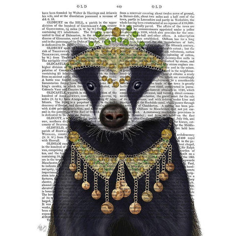 Badger with Tiara, Portrait Gold Ornate Wood Framed Art Print with Double Matting by Fab Funky