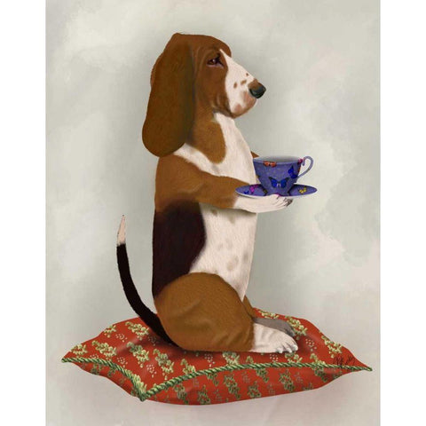 Basset Hound Taking Tea Gold Ornate Wood Framed Art Print with Double Matting by Fab Funky