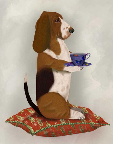 Basset Hound Taking Tea White Modern Wood Framed Art Print with Double Matting by Fab Funky