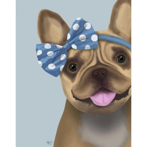 French Bulldog and Blue Bow White Modern Wood Framed Art Print by Fab Funky