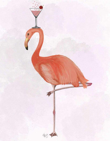 Flamingo and Cocktail 3 White Modern Wood Framed Art Print with Double Matting by Fab Funky