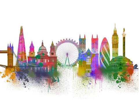 London Skyline Rainbow Bright White Modern Wood Framed Art Print with Double Matting by Fab Funky