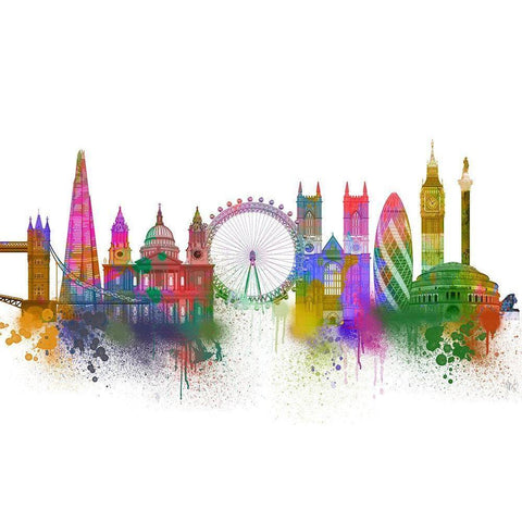 London Skyline Rainbow Bright White Modern Wood Framed Art Print by Fab Funky