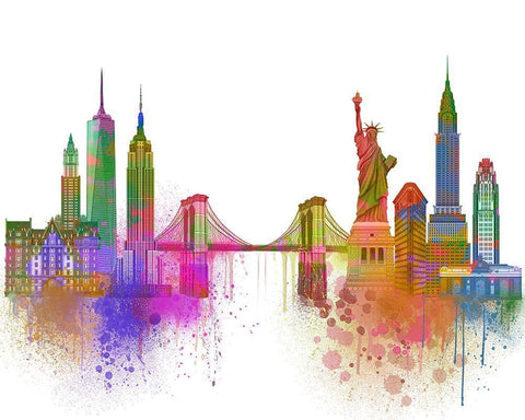 New York Skyline Rainbow Bright  White Modern Wood Framed Art Print with Double Matting by Fab Funky