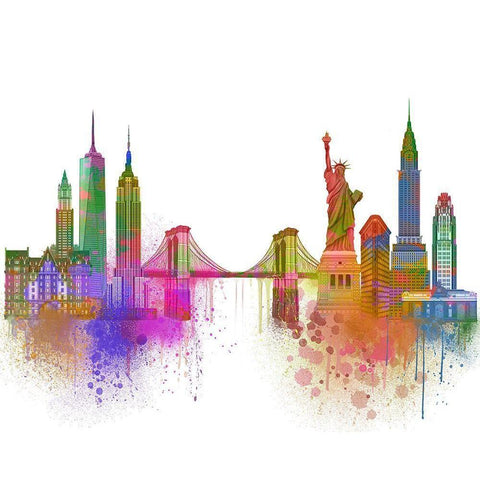 New York Skyline Rainbow Bright  White Modern Wood Framed Art Print by Fab Funky