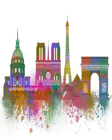 Paris Skyline Rainbow Bright  Black Ornate Wood Framed Art Print with Double Matting by Fab Funky