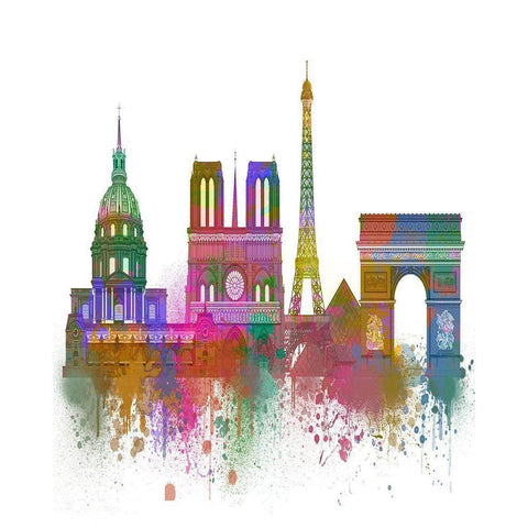 Paris Skyline Rainbow Bright  Gold Ornate Wood Framed Art Print with Double Matting by Fab Funky