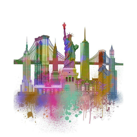 New York Skyline Rainbow Bright  White Modern Wood Framed Art Print by Fab Funky